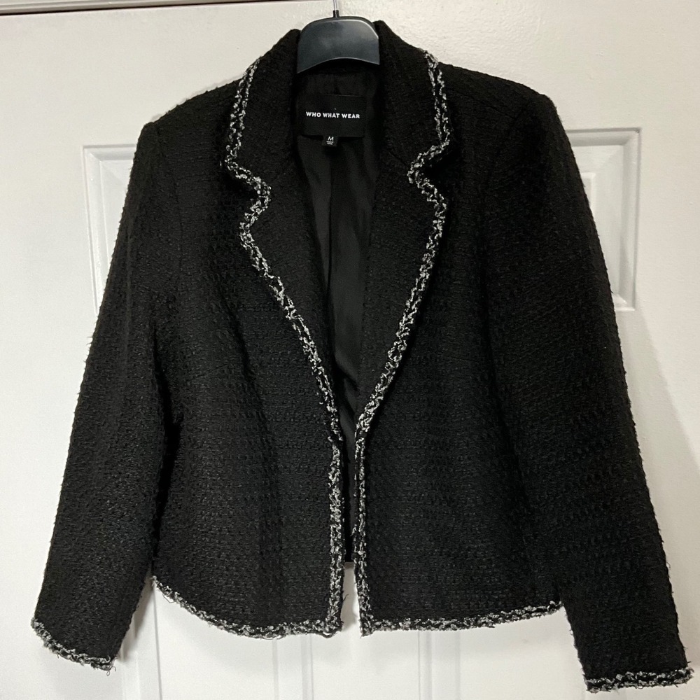 Who What Wear Black Boucle Tweed Blazer Braided Trim Open Front Jacket Womens M
